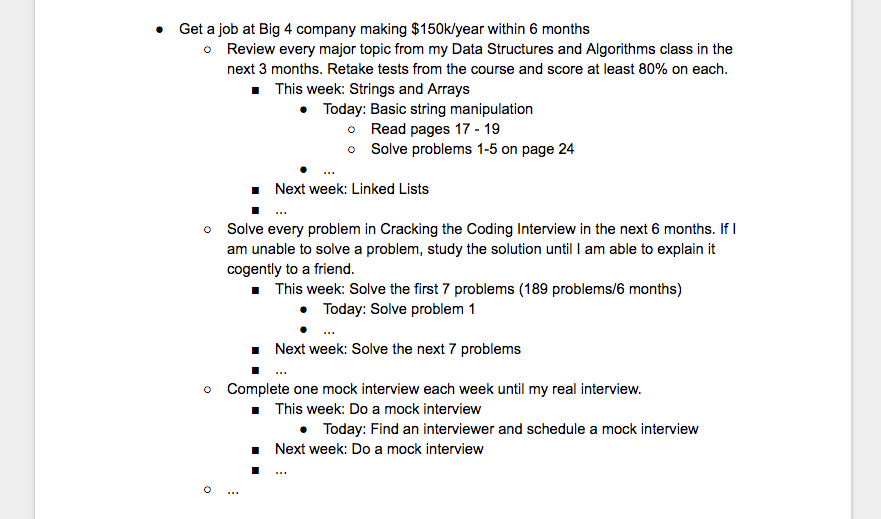 Sample coding interview prep goals